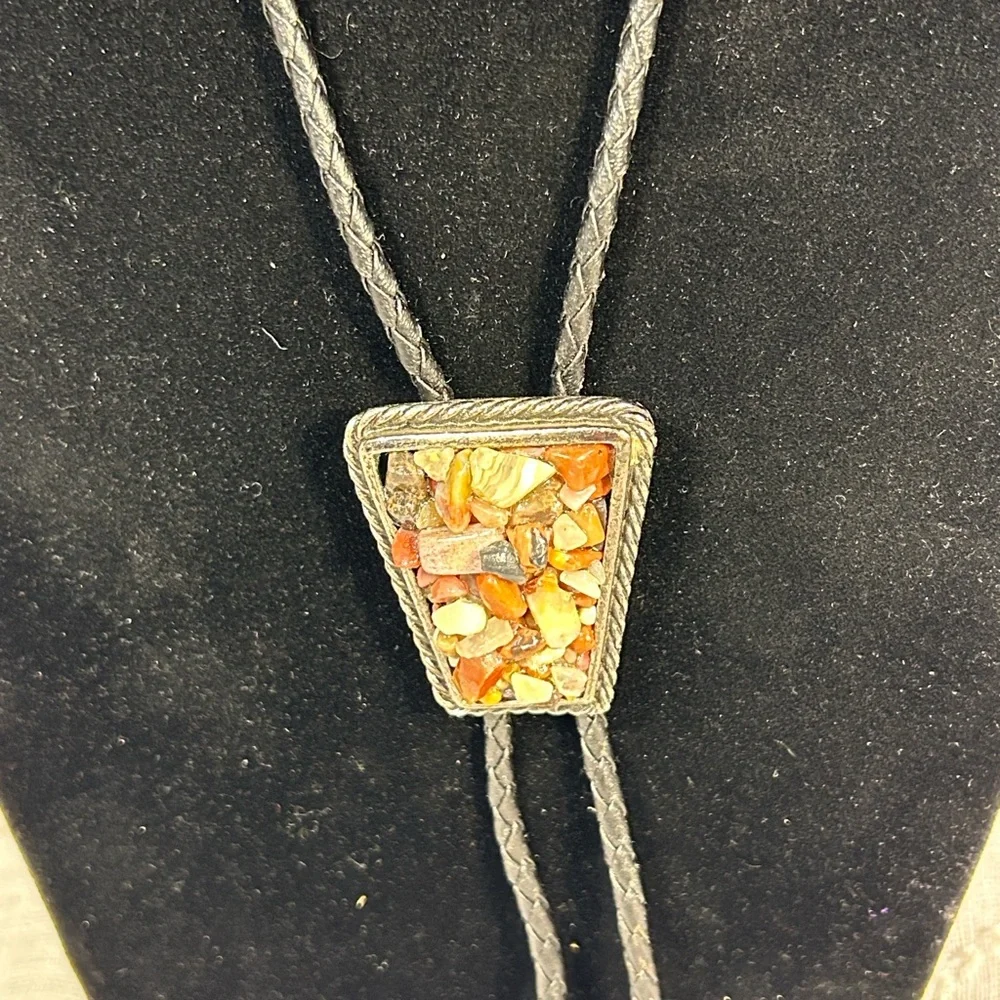 Vintage Bolo tie western leather, ornate medallion natural agate, jasper, etc